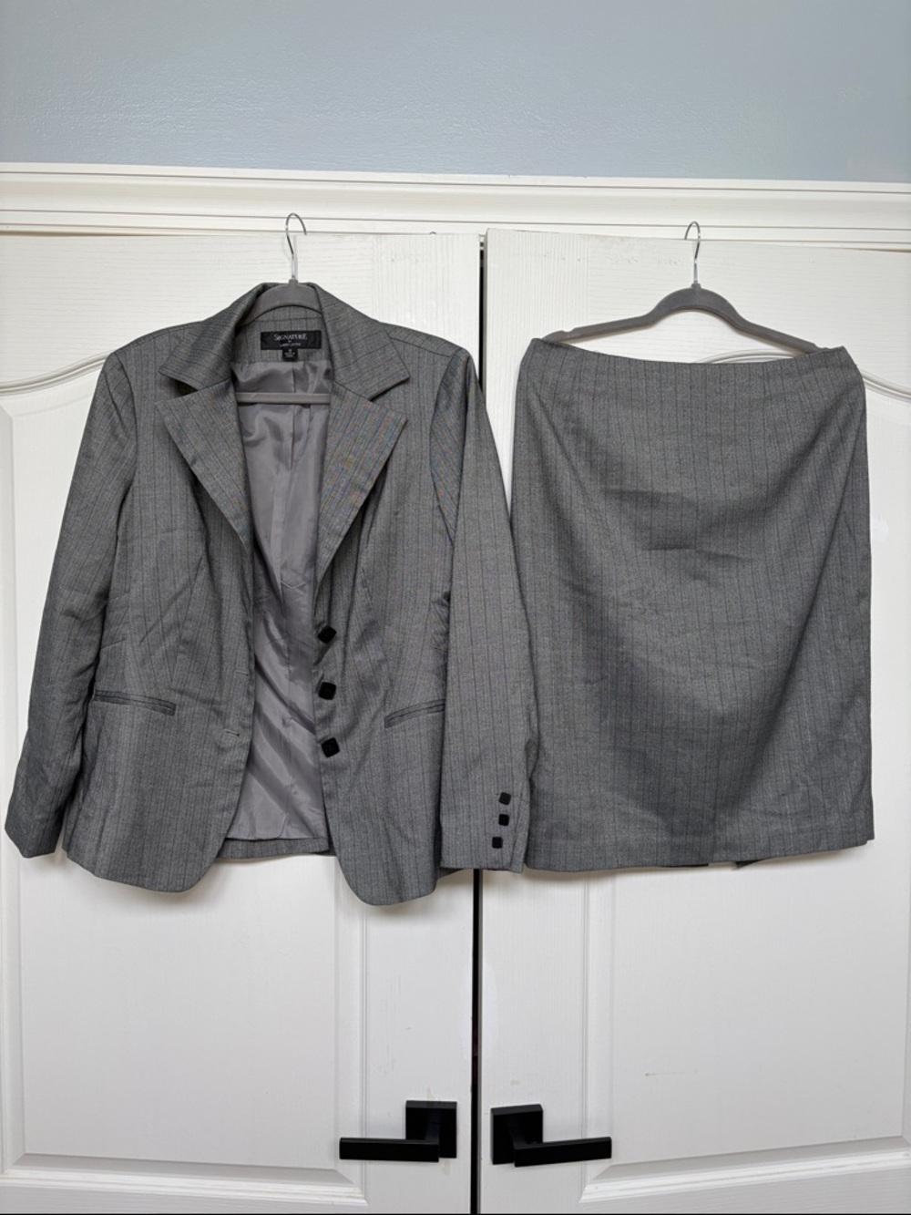Signature by Larry Levine Gray Pinstripe Women's Suit - Blazer & Skirt